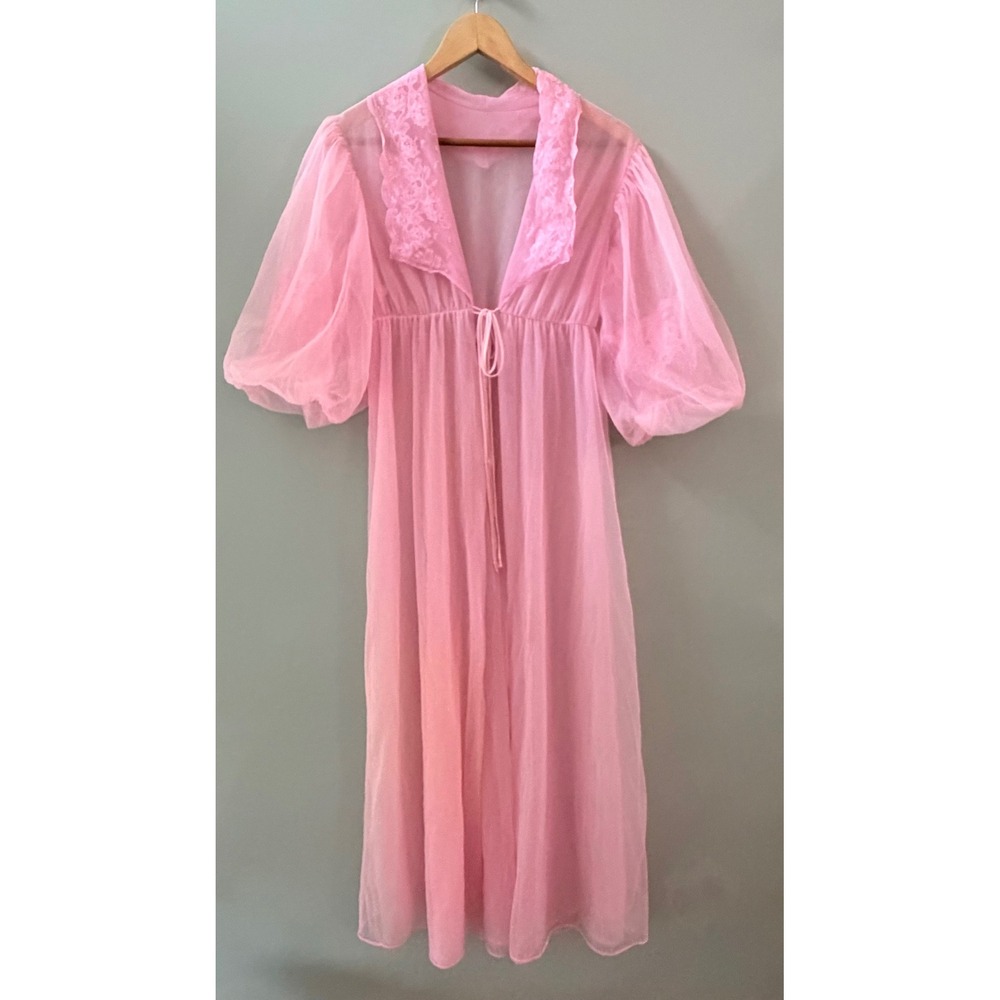 Vintage Texsheen Pink Sheer Lace Puff Sleeve Robe Nightgown Made in USA Medium